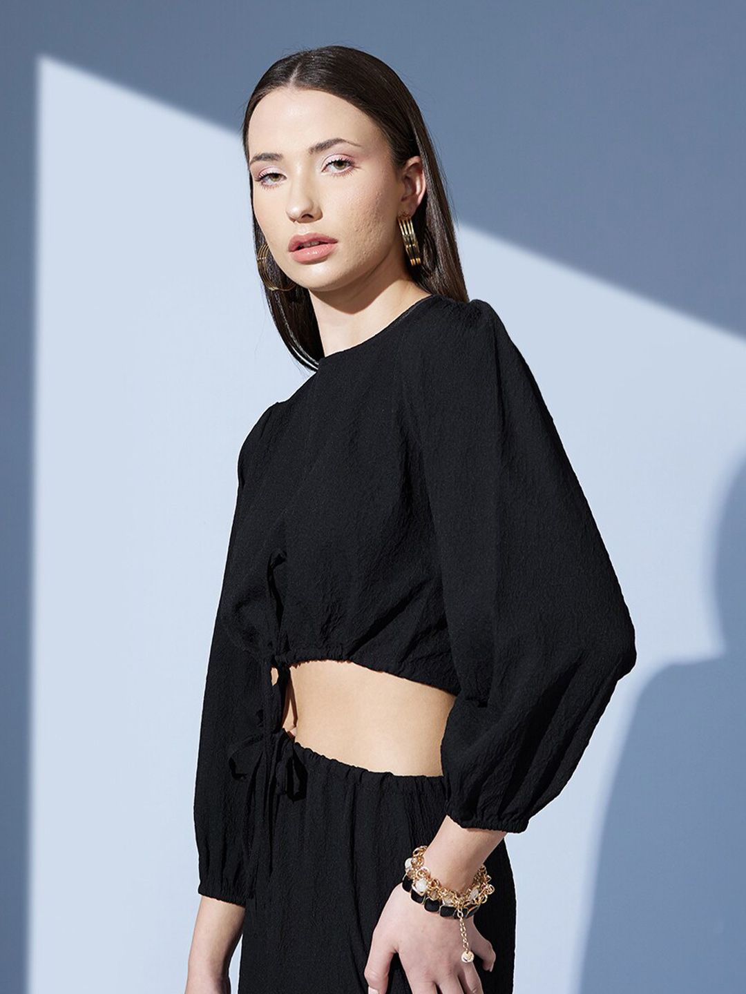 STREET 9 Black Puffed Sleeves Tie-Ups Jacquard Blouson Crop Top
