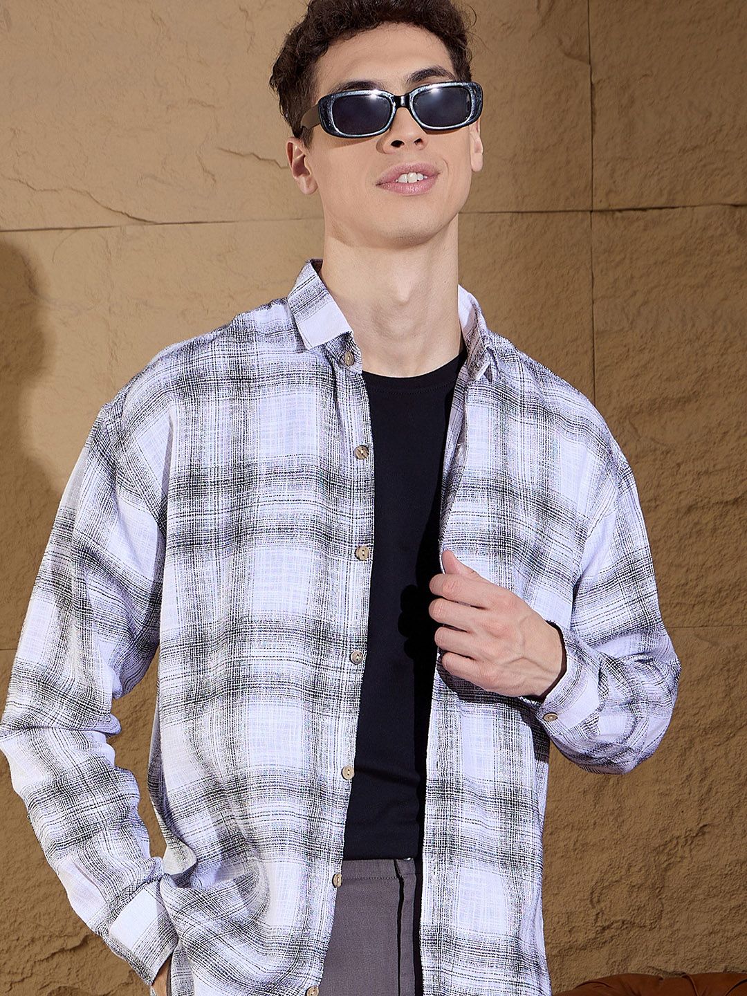 DENNISON Men Tartan Checked Drop shoulder Pure Cotton Oversized Shirt