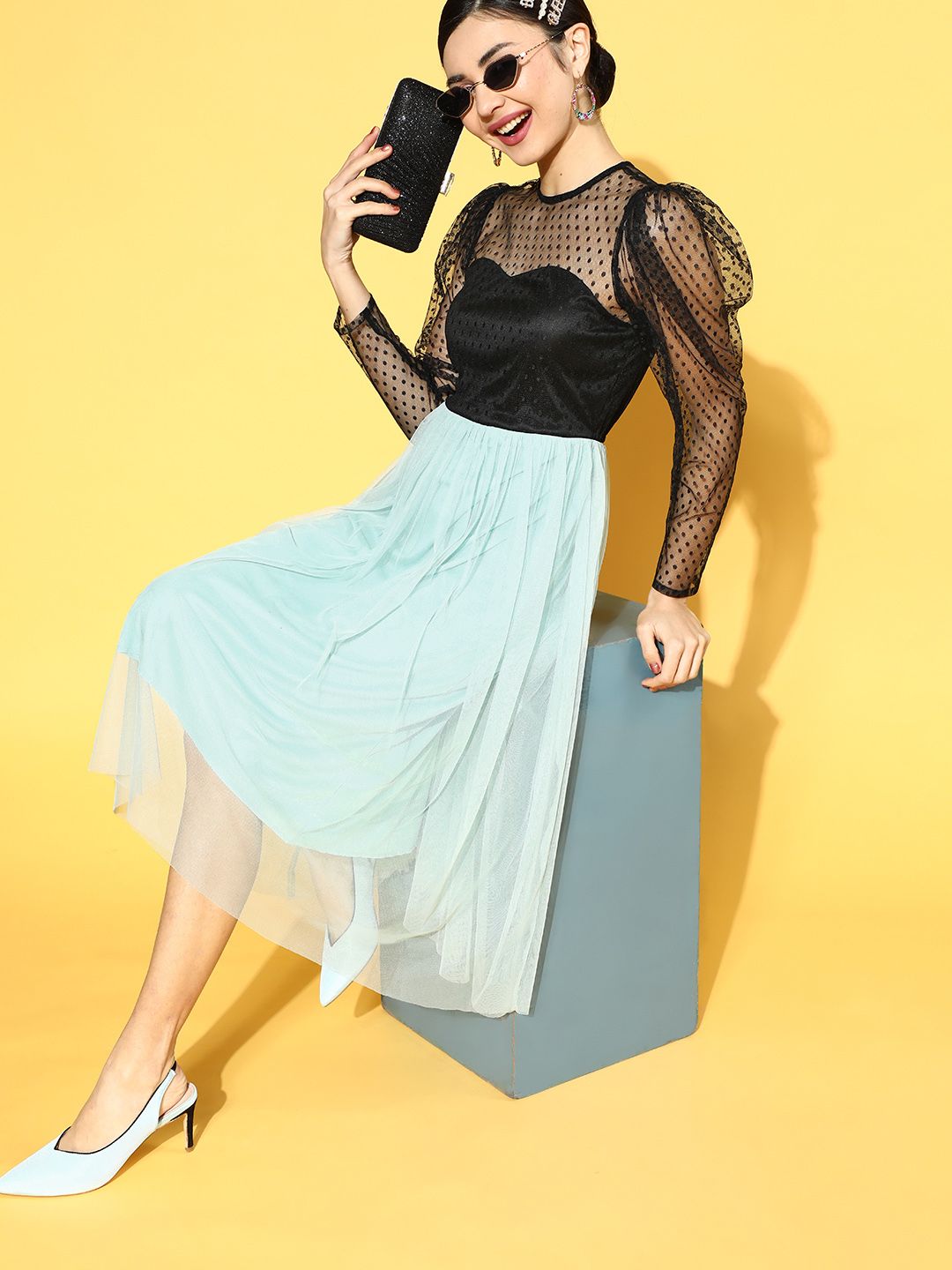 Athena Black & Blue Colourblocked A-Line Midi Dress