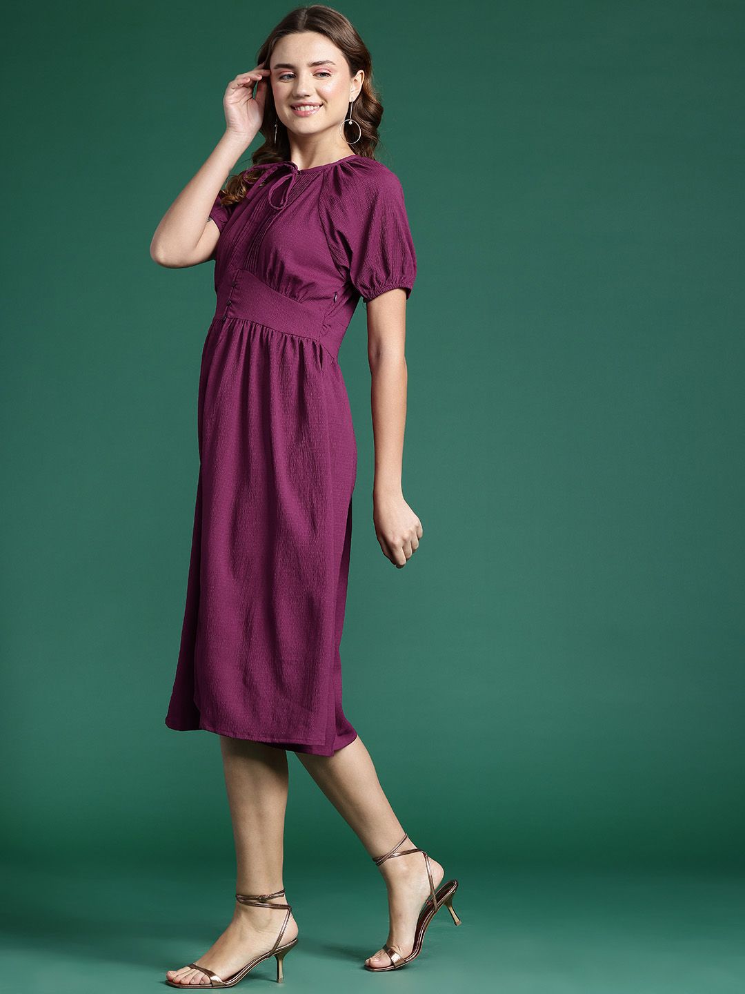 DressBerry Tie-Up Neck Puff Sleeve Fit & Flare Dress