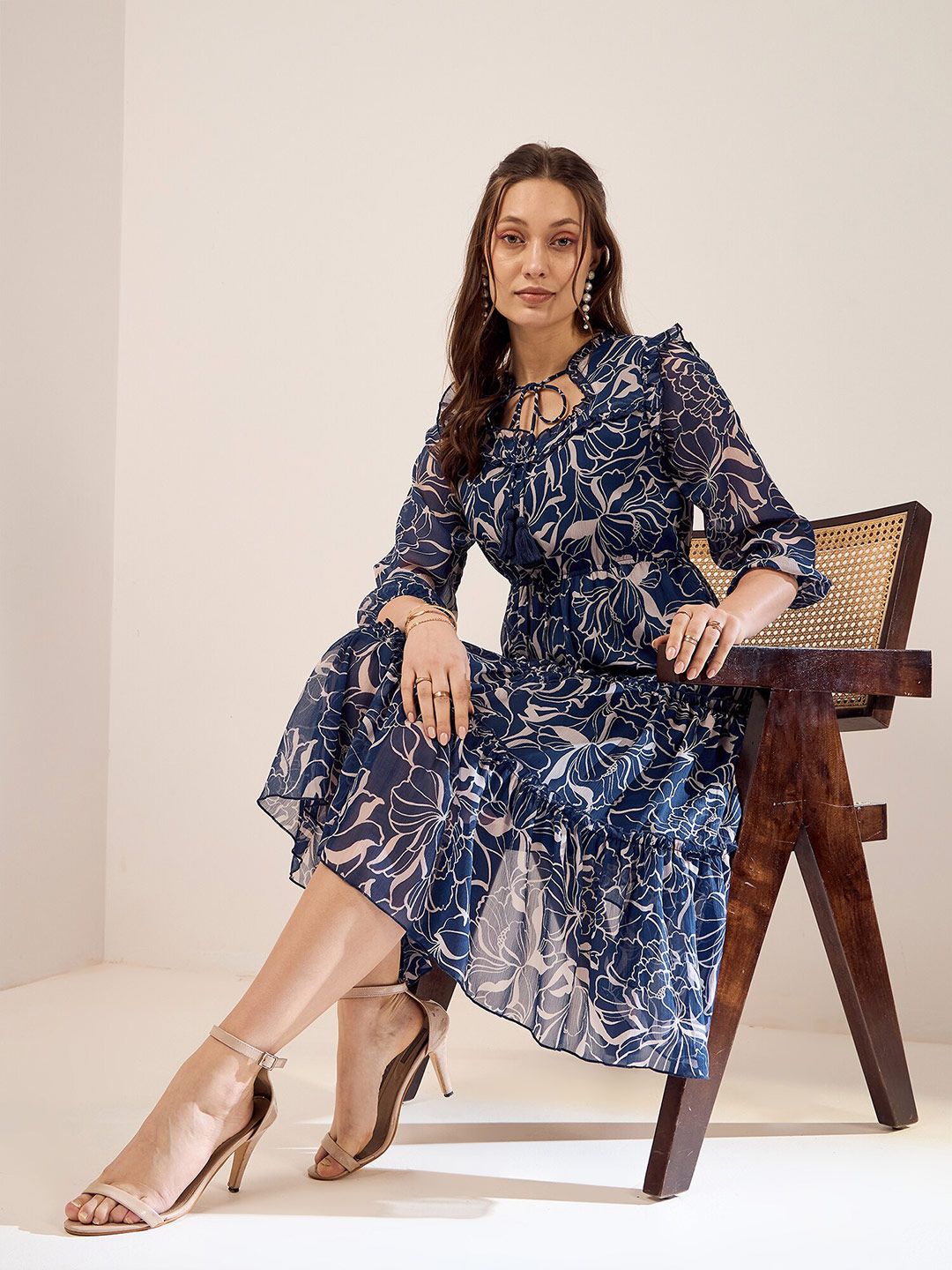 Antheaa Blue Floral Print Tie-Up Neck Cuffed Sleeves Chiffon Fit & Flare Dress