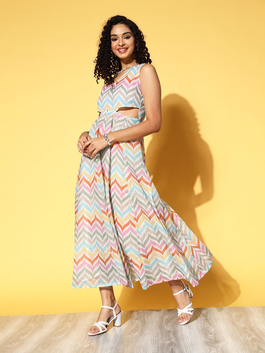Shae by SASSAFRAS Multicoloured Cut-Out Detail Chevron Print Midi Dress
