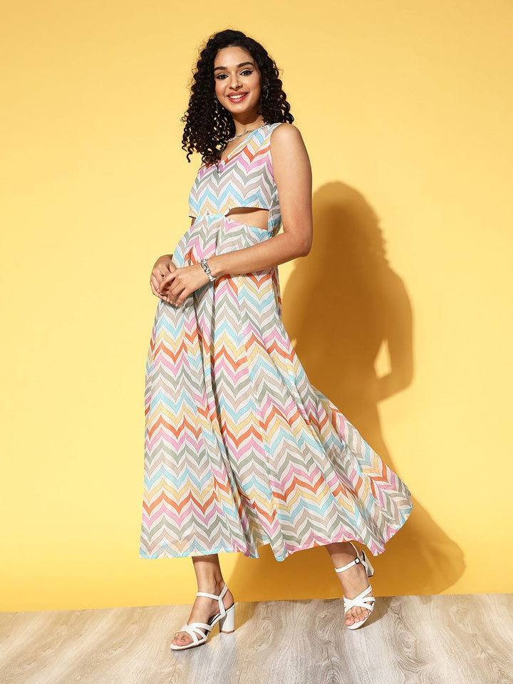 Shae by SASSAFRAS Multicoloured Cut-Out Detail Chevron Print Midi Dress