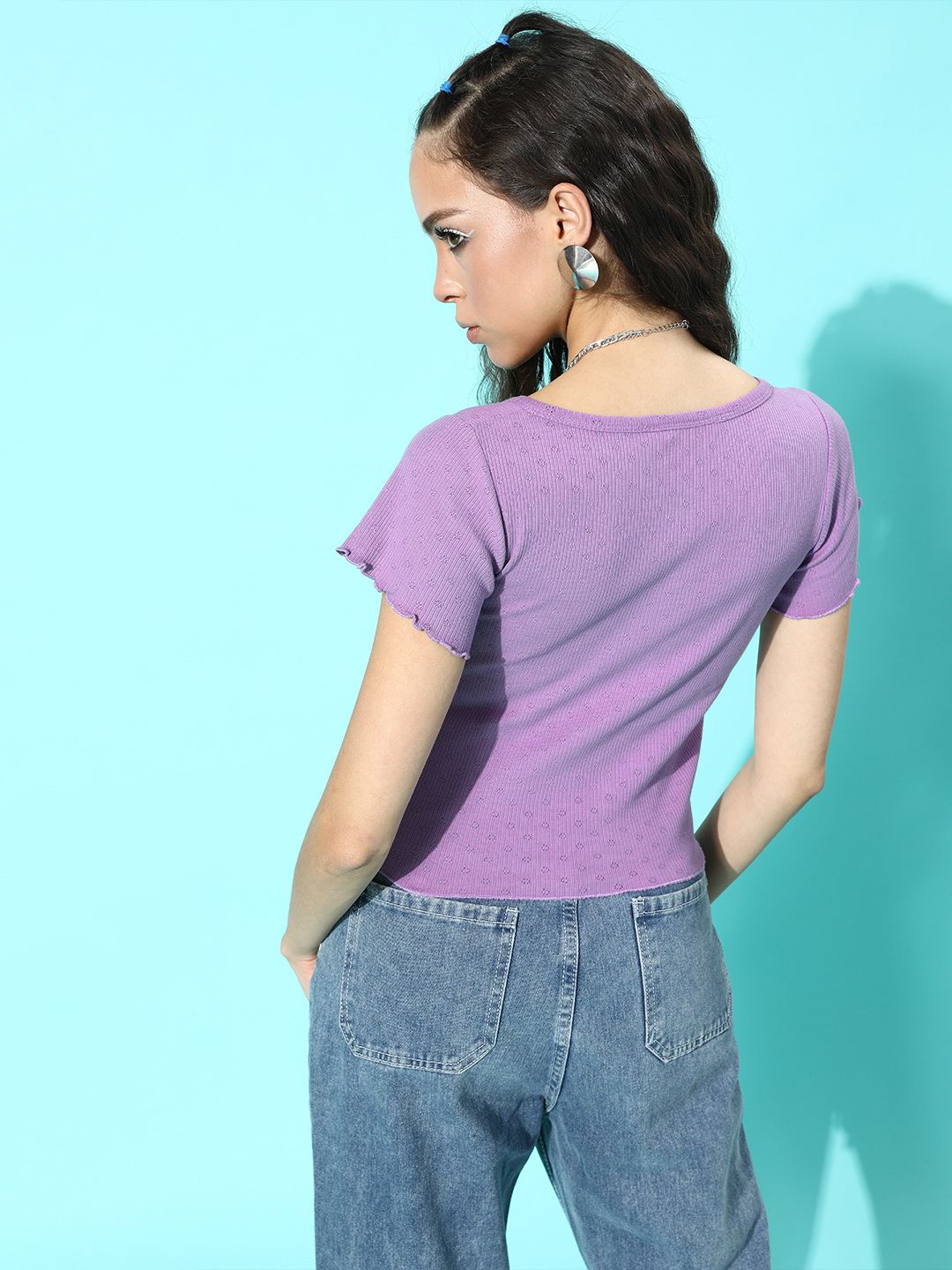 STREET 9 Women Bright Fuchsia Solid Schiffli Pure Cotton Top