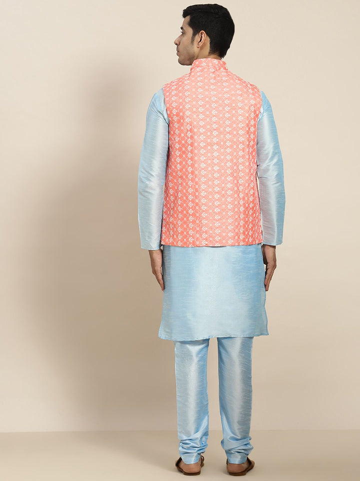 SOJANYA Kurta Sulam Biru Lelaki dengan Churidar dengan Jaket Nehru