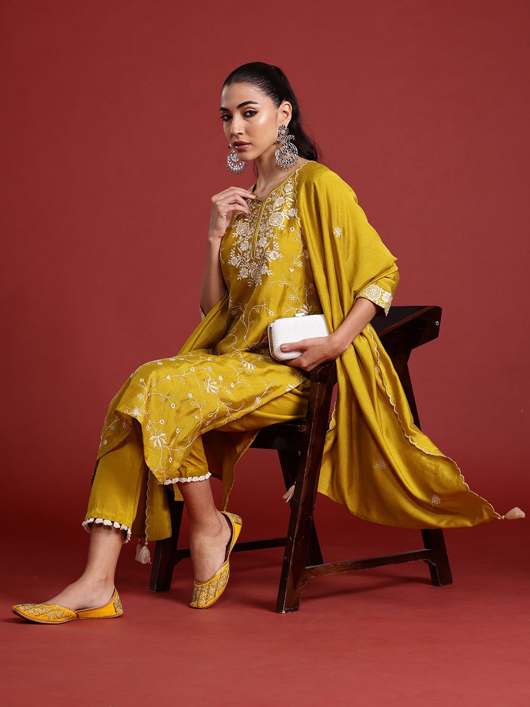 Indo Era Floral Embroidered Sequinned Kurta With Trousers & Dupatta
