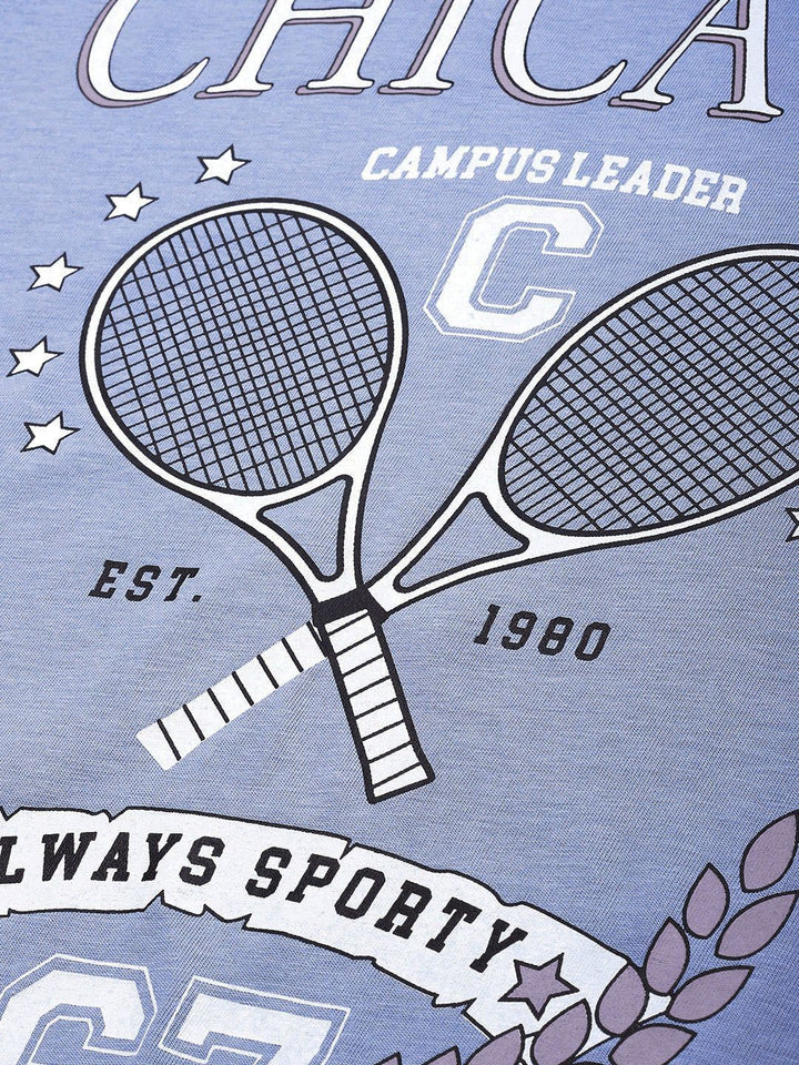 DILLINGER Women Blue Printed Pure Cotton Loose Graphic Oversized T-Shirt