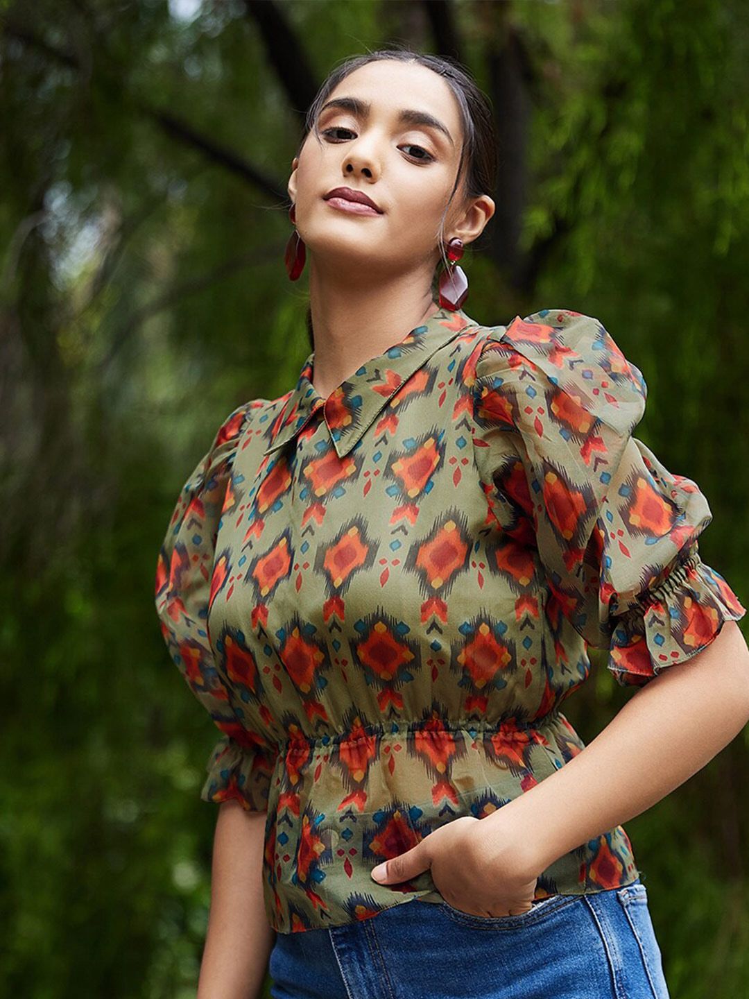 Athena Green & Rust Geometric Print Peplum Top