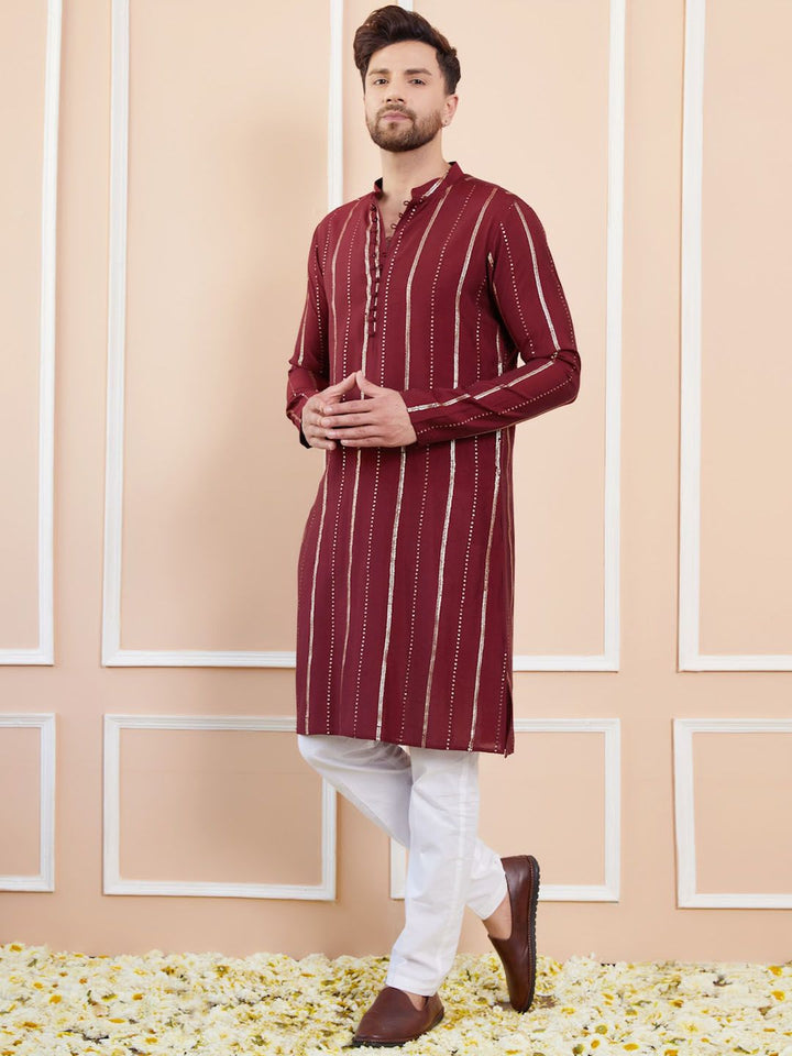 See Designs Mandarin Collar Striped Thread Work Chanderi Silk Straight Kurta