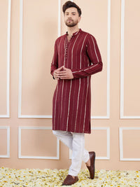 See Designs Mandarin Collar Striped Thread Work Chanderi Silk Straight Kurta