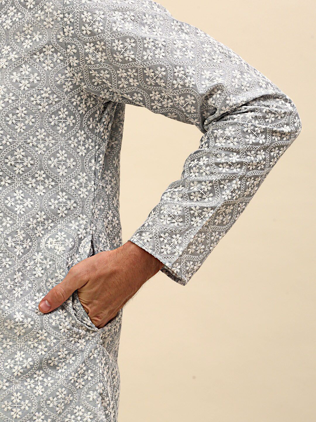 Anouk Grey Floral Embroidered Regular Chikankari Kurta with Pyjama