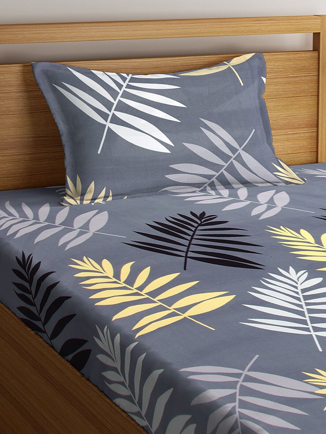 KLOTTHE Grey Floral 300 TC  Elasticated Single Bedsheet with Pillow Cover