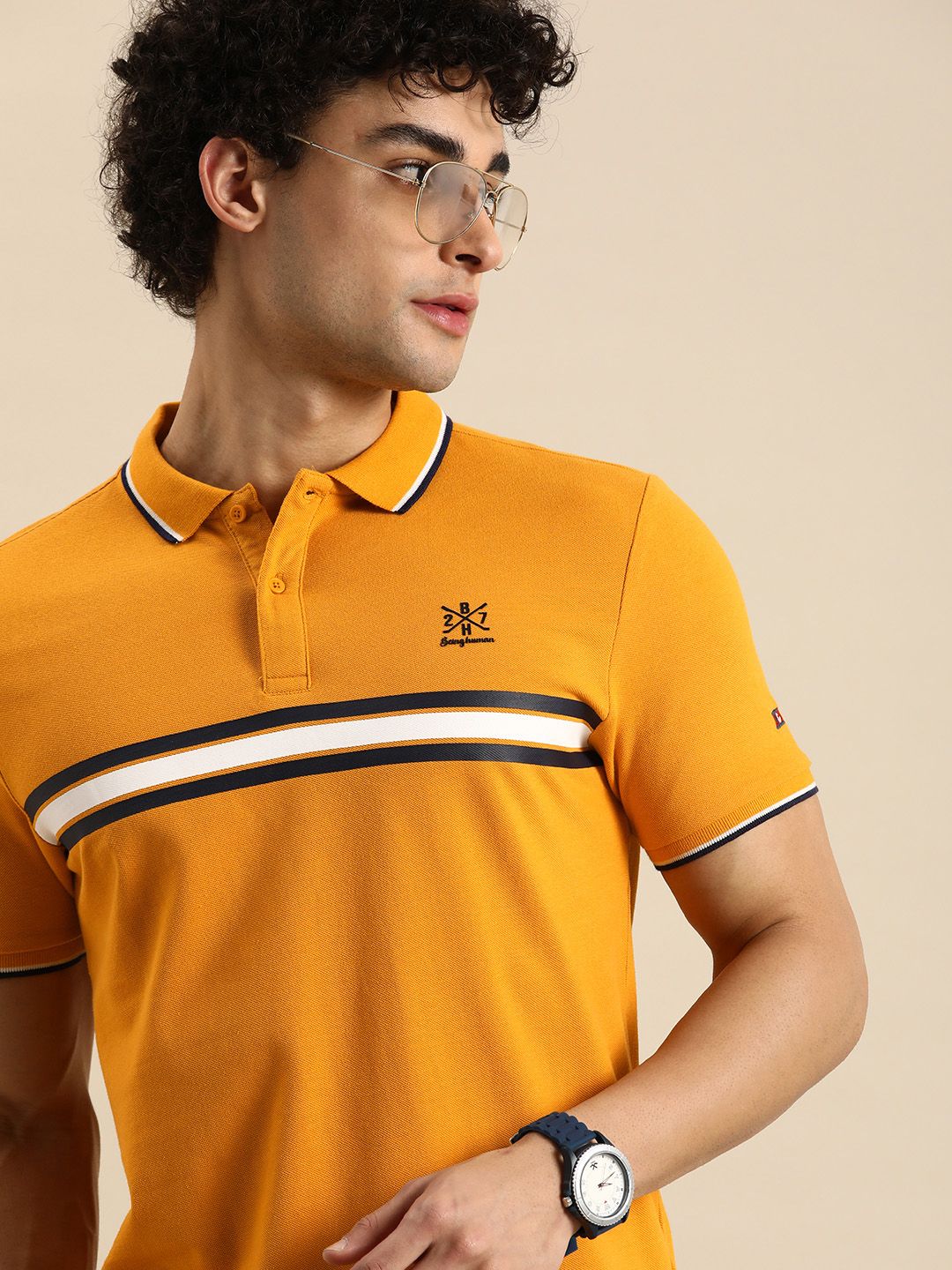 Menjadi Lelaki Pakaian Manusia Mustard Yellow Striped Polo Collar T-Shirt Kapas Tulen