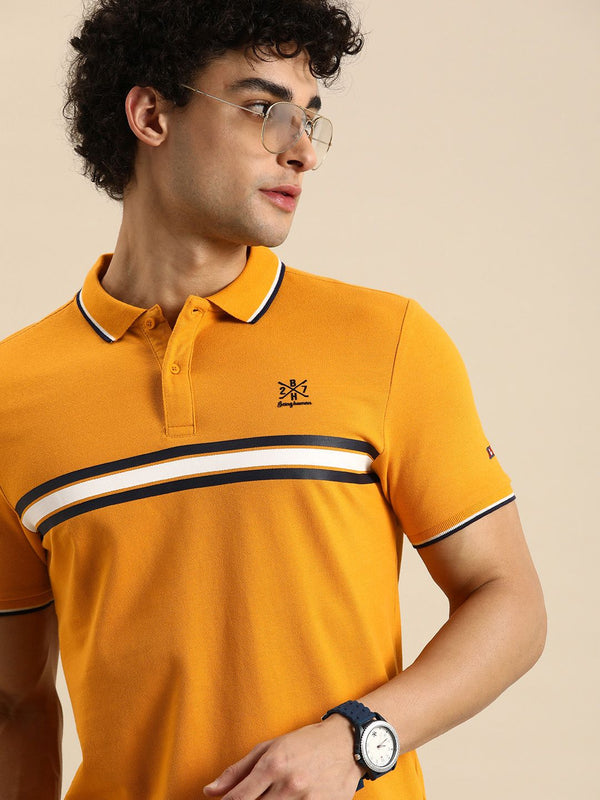 Menjadi Lelaki Pakaian Manusia Mustard Yellow Striped Polo Collar T-Shirt Kapas Tulen