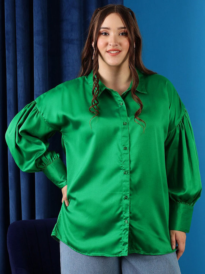CURVY STREET Plus Size Comfort Oversized Puffed Sleeves Satin Casual Shirt