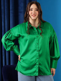 CURVY STREET Plus Size Comfort Oversized Puffed Sleeves Satin Casual Shirt