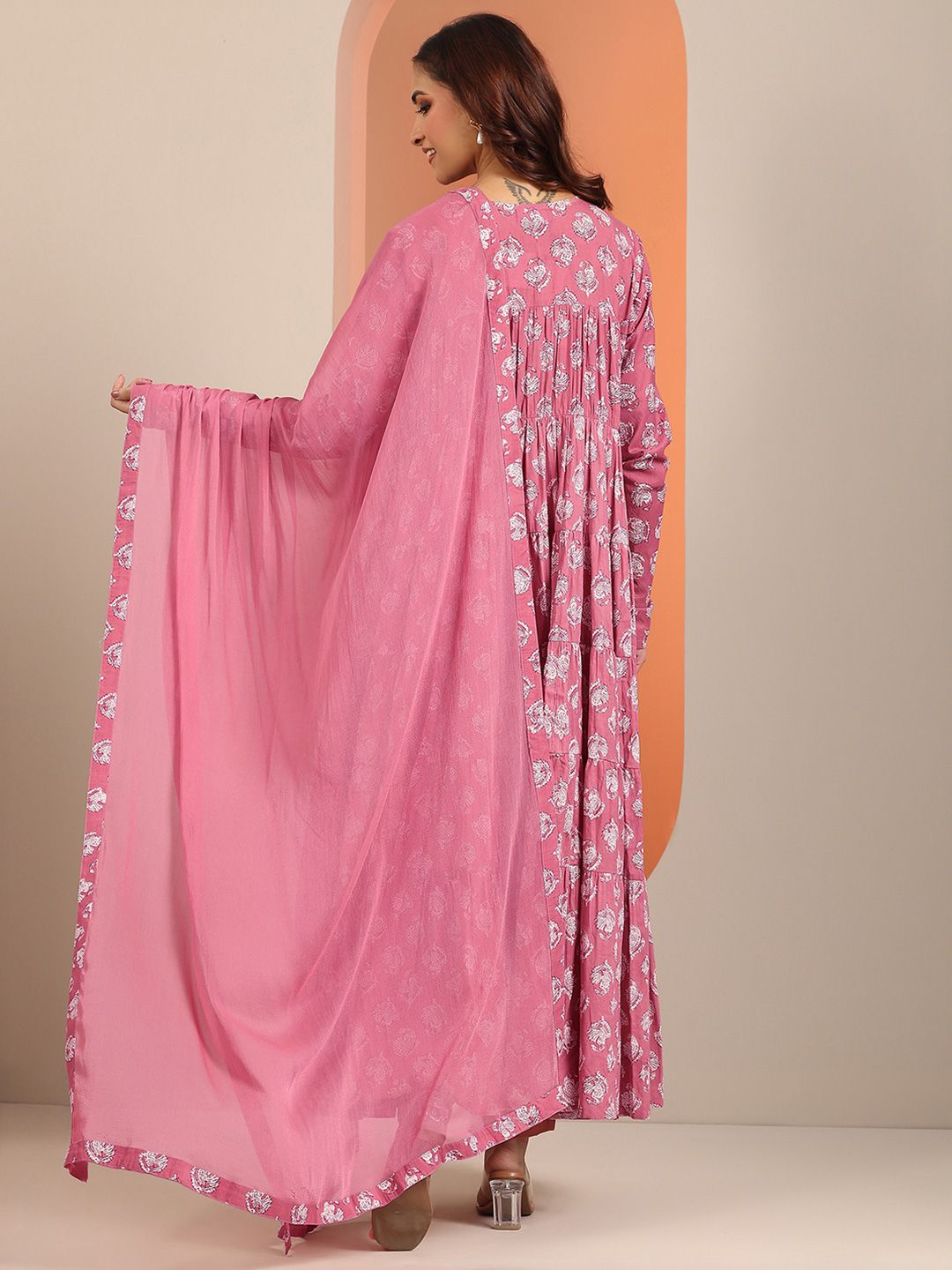 Libas Womens Mauve Printed Cotton Anarkali Kurta With Churidar & Dupatta