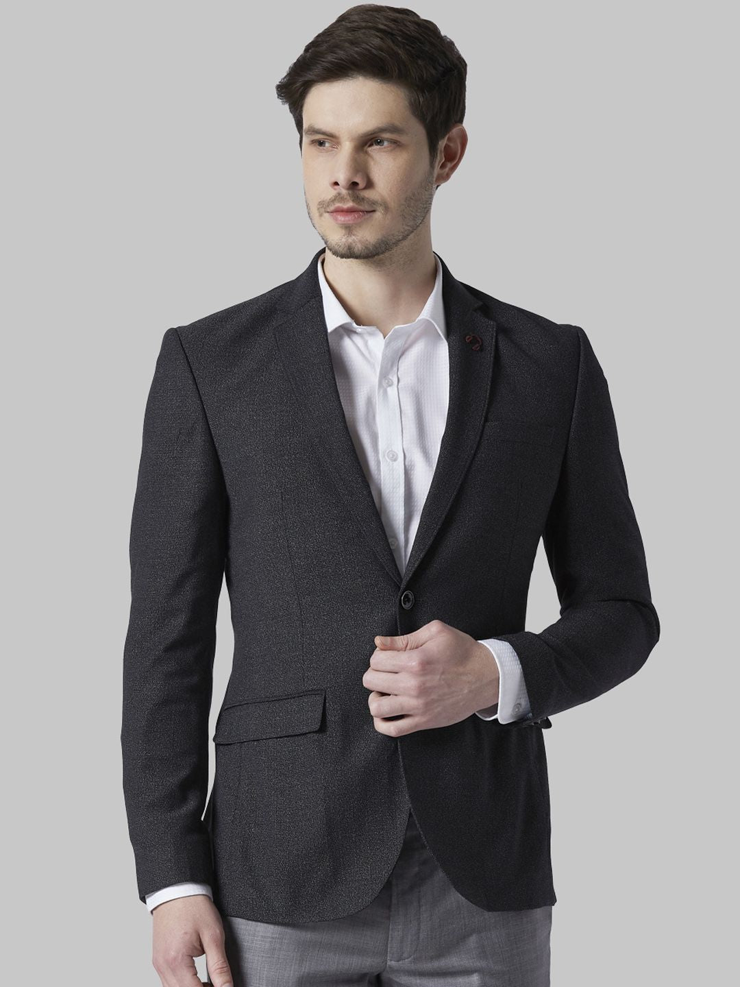 Park Avenue Men Charcoal Grey Solid Single Breasted Formal Blazer