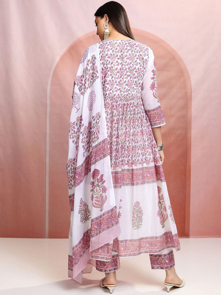 Vishudh White Floral Printed Pure Cotton Anarkali Kurta With Trousers & Dupatta