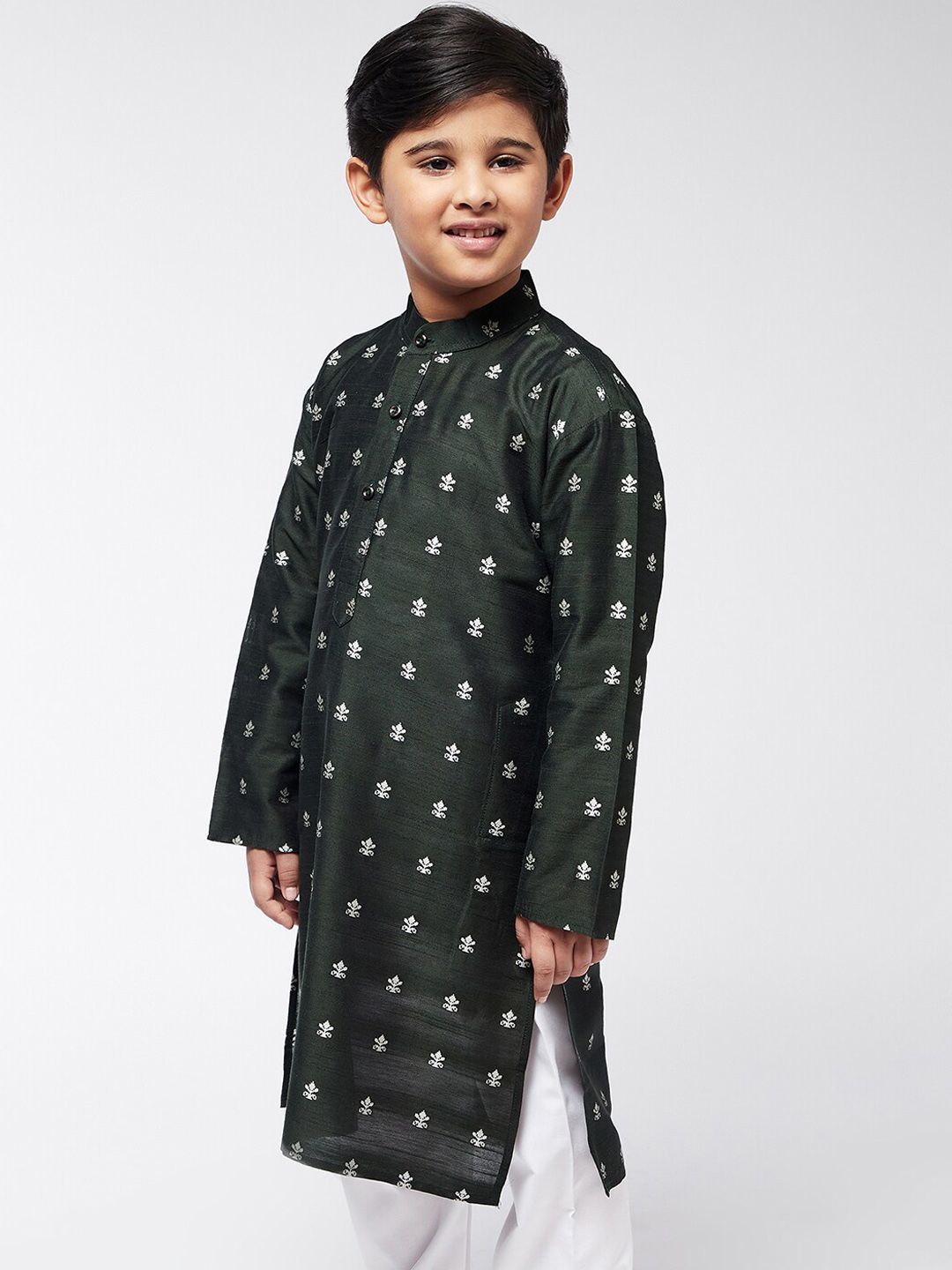 SOJANYA Lelaki Motif Etnik Hijau & Putih Bercetak Kurta Lurus