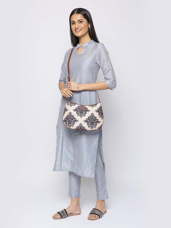 ZOUK Peach-Coloured & Black Ethnic Motifs Printed Sling Bag