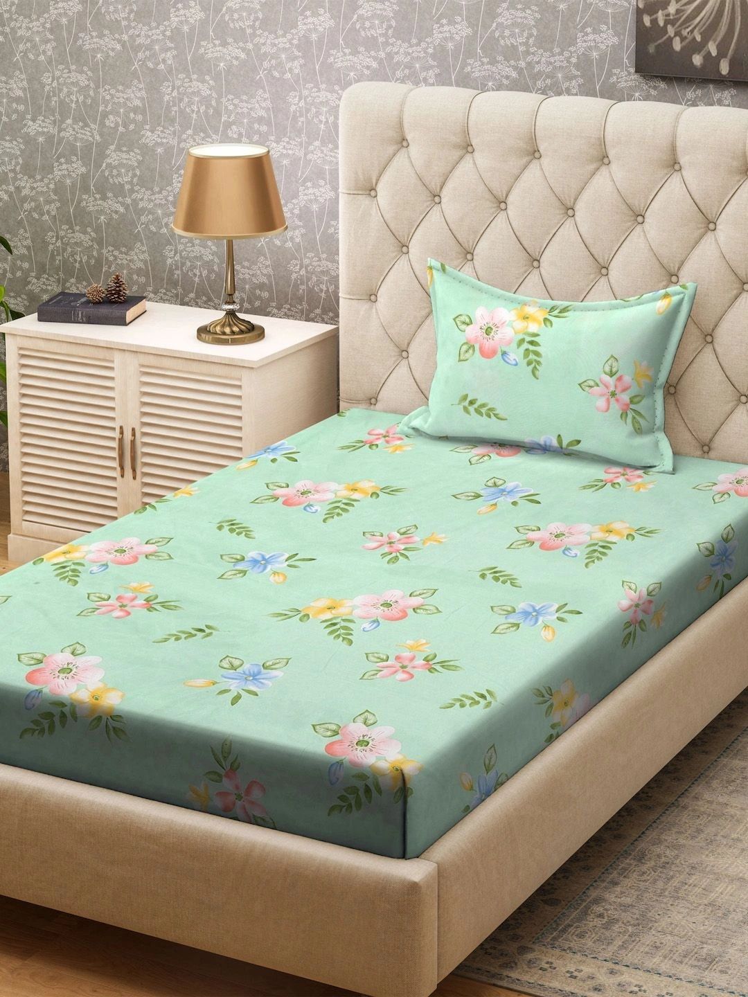 Moda Rapido X KLOTTHE Green & Pink Floral 300 TC Single Bedsheet with 1 Pillow Covers