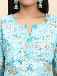 HOUSE OF KARI Floral Printed Thread Work Cotton Kurta