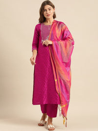 Varanga Women Magenta & Gold-Toned Embroidered Kurta with Trousers & Dupatta