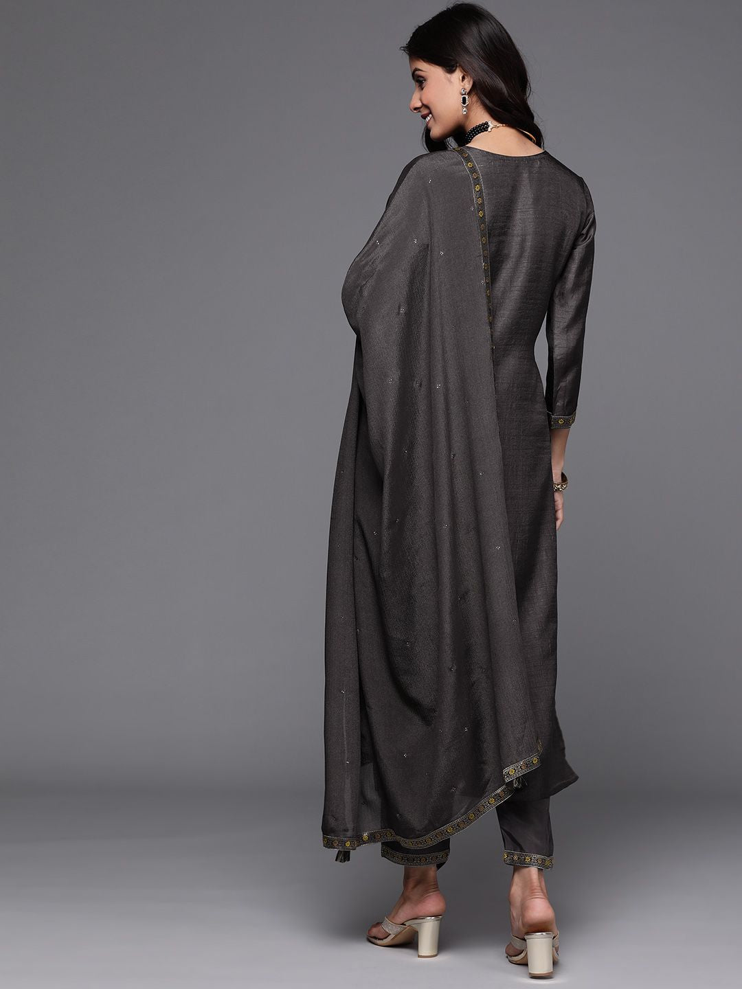 Libas Women Charcoal Grey & Mustard Yellow Ethnic Zari Straight Kurta Trousers Dupatta