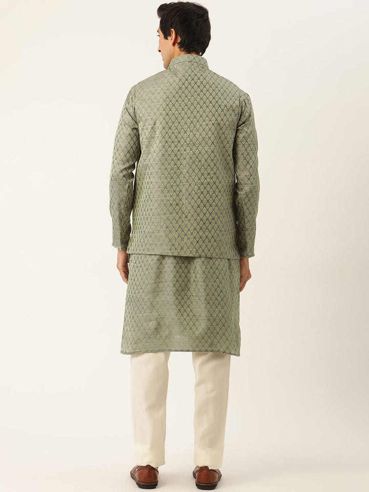 SOJANYA Set Kurta Lelaki Motif Etnik Hijau Dengan Jaket Nehru
