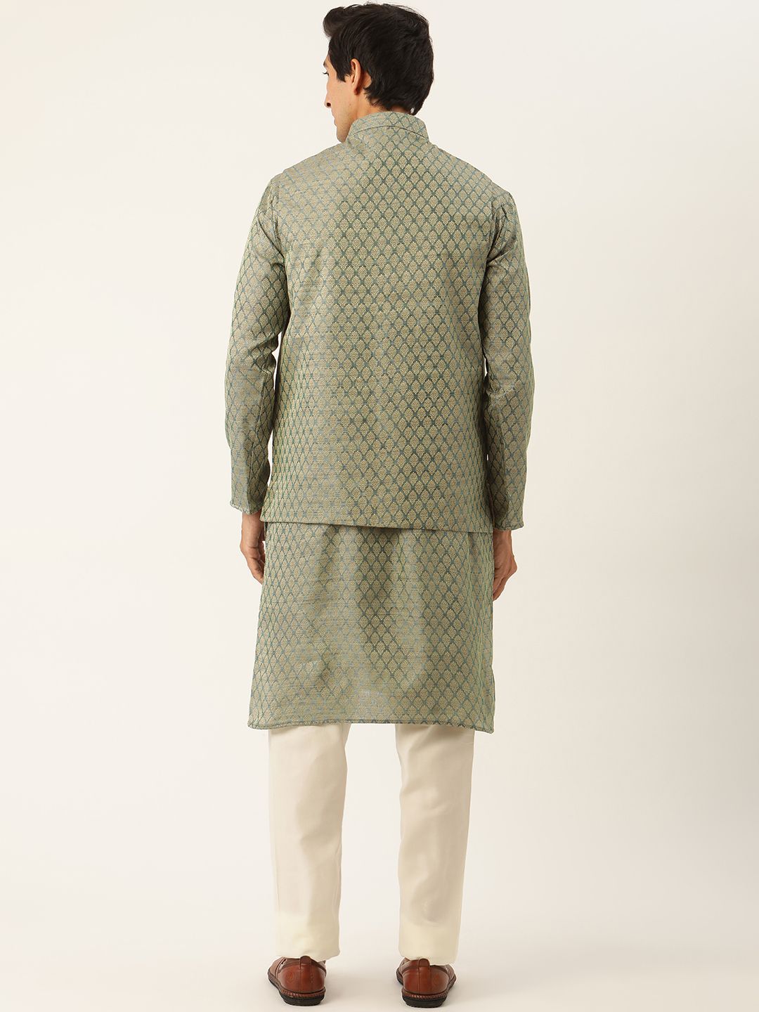 SOJANYA Set Kurta Lelaki Motif Etnik Hijau Dengan Jaket Nehru