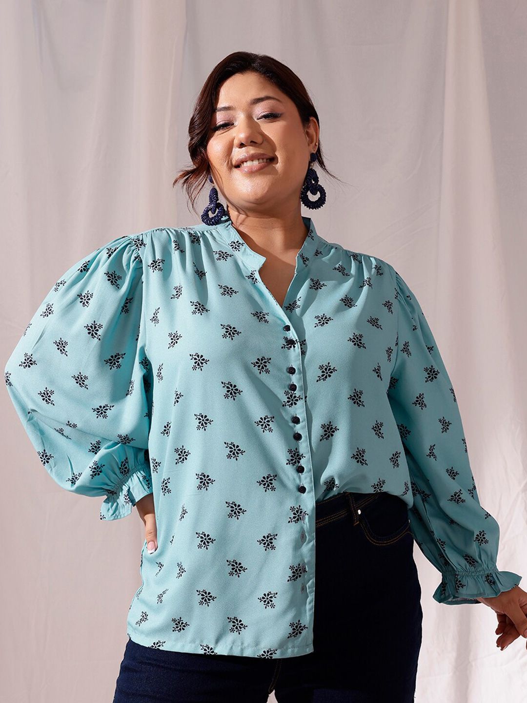 CURVY STREET Plus Size Comfort Floral Printed Mandarin Collar Casual Shirt