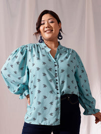 CURVY STREET Plus Size Comfort Floral Printed Mandarin Collar Casual Shirt