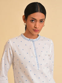W White Geometric Print Mandarin Collar Cotton Top