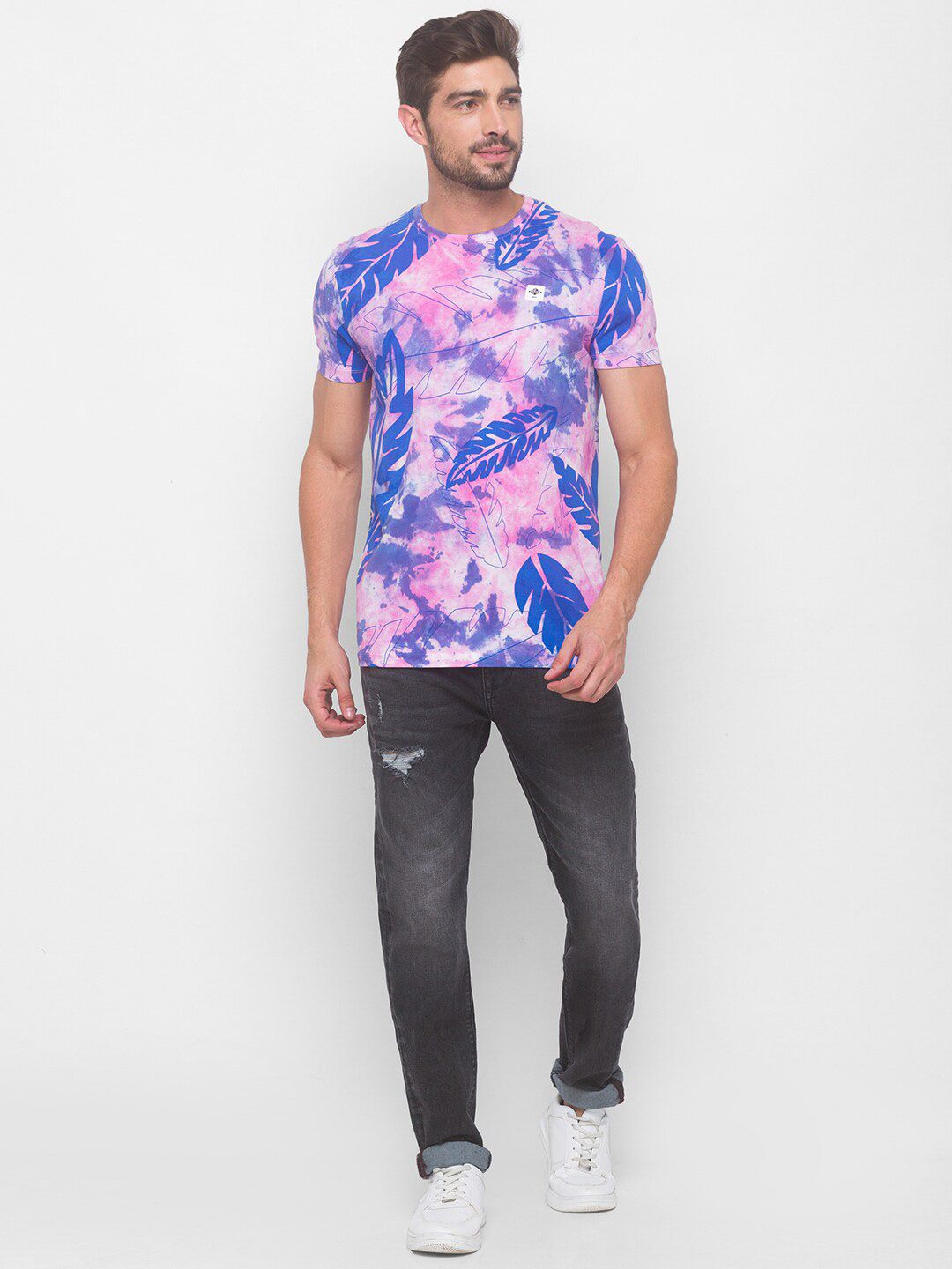 Being Human Men Pink & Blue Printed Pure Cotton T-shirt