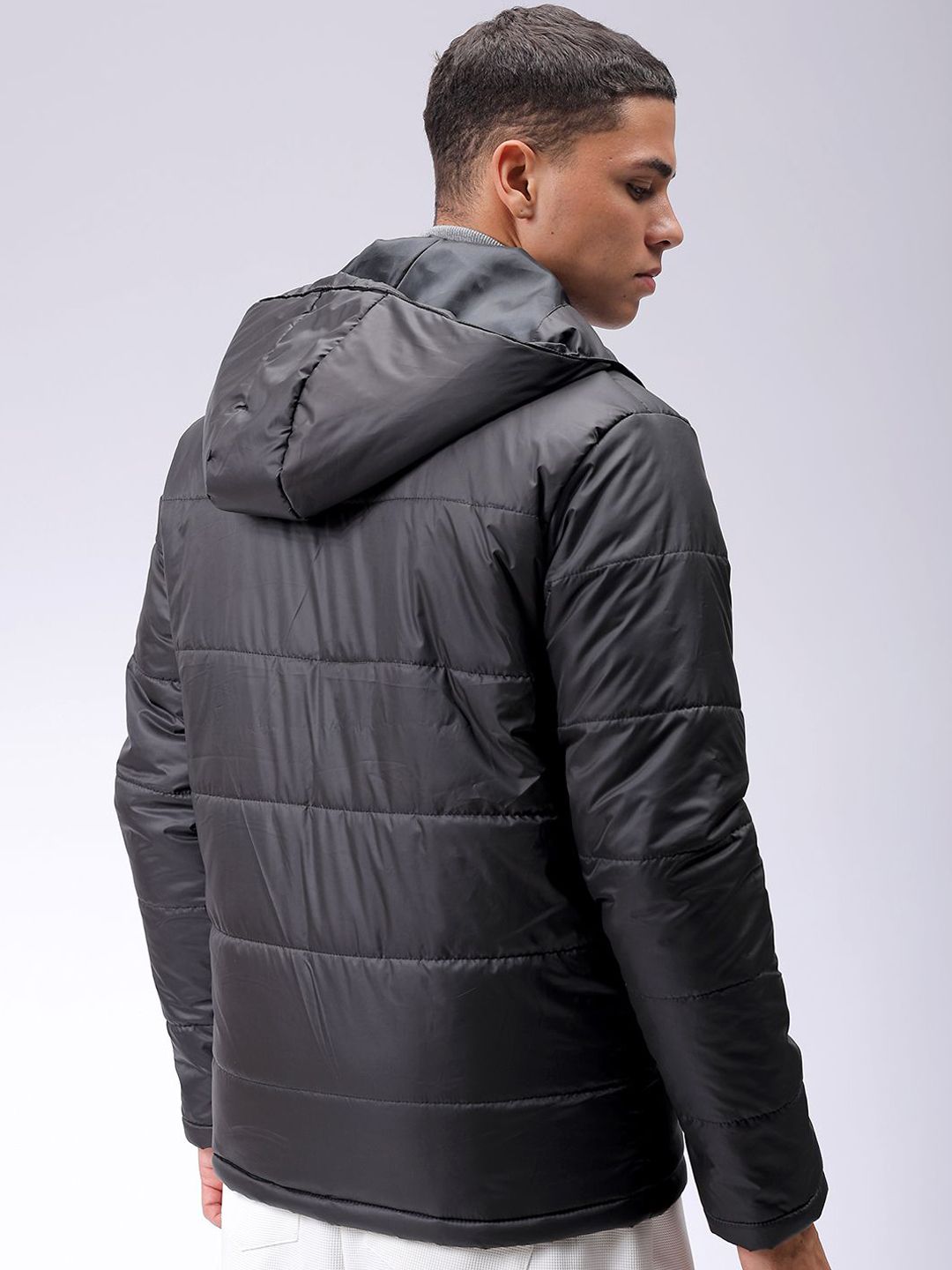 The Indian Garage Co Men Black Reflective Print Detachable Hood Padded Jacket