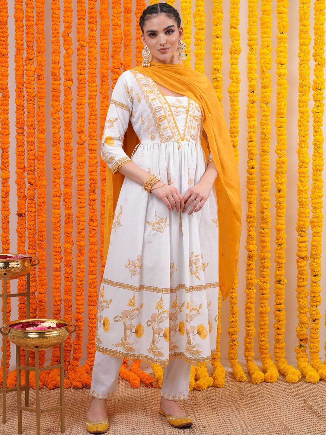 Vishudh White Floral Embroidered Empire Mirror Work Cotton Kurta with Trousers & Dupatta