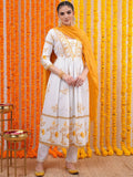 Vishudh White Floral Embroidered Empire Mirror Work Cotton Kurta with Trousers & Dupatta