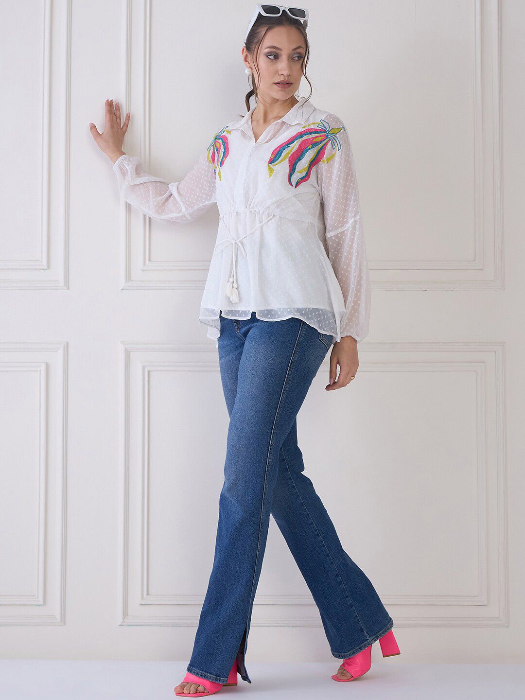 Antheaa Striped Puff Sleeve Chiffon Cinched Waist Top