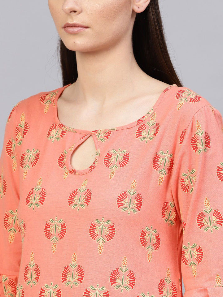 SOJANYA Women Orange & Red Printed A-Line Kurta