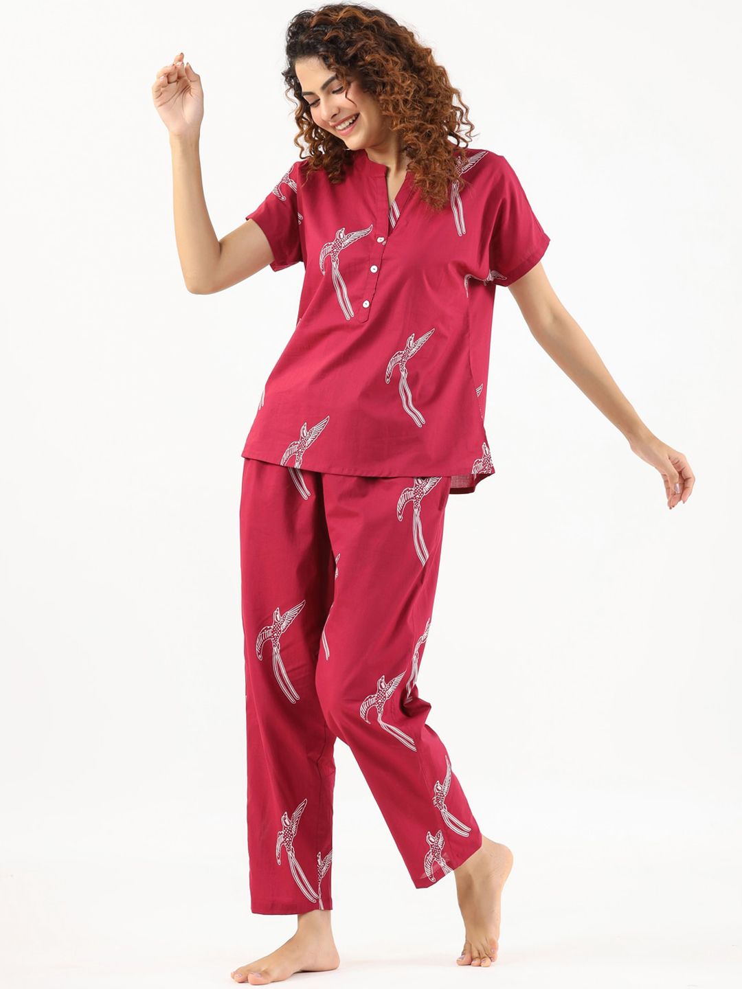 SANSKRUTIHOMES Conversational Printed Mandarin Collar Pure Cotton Night suit