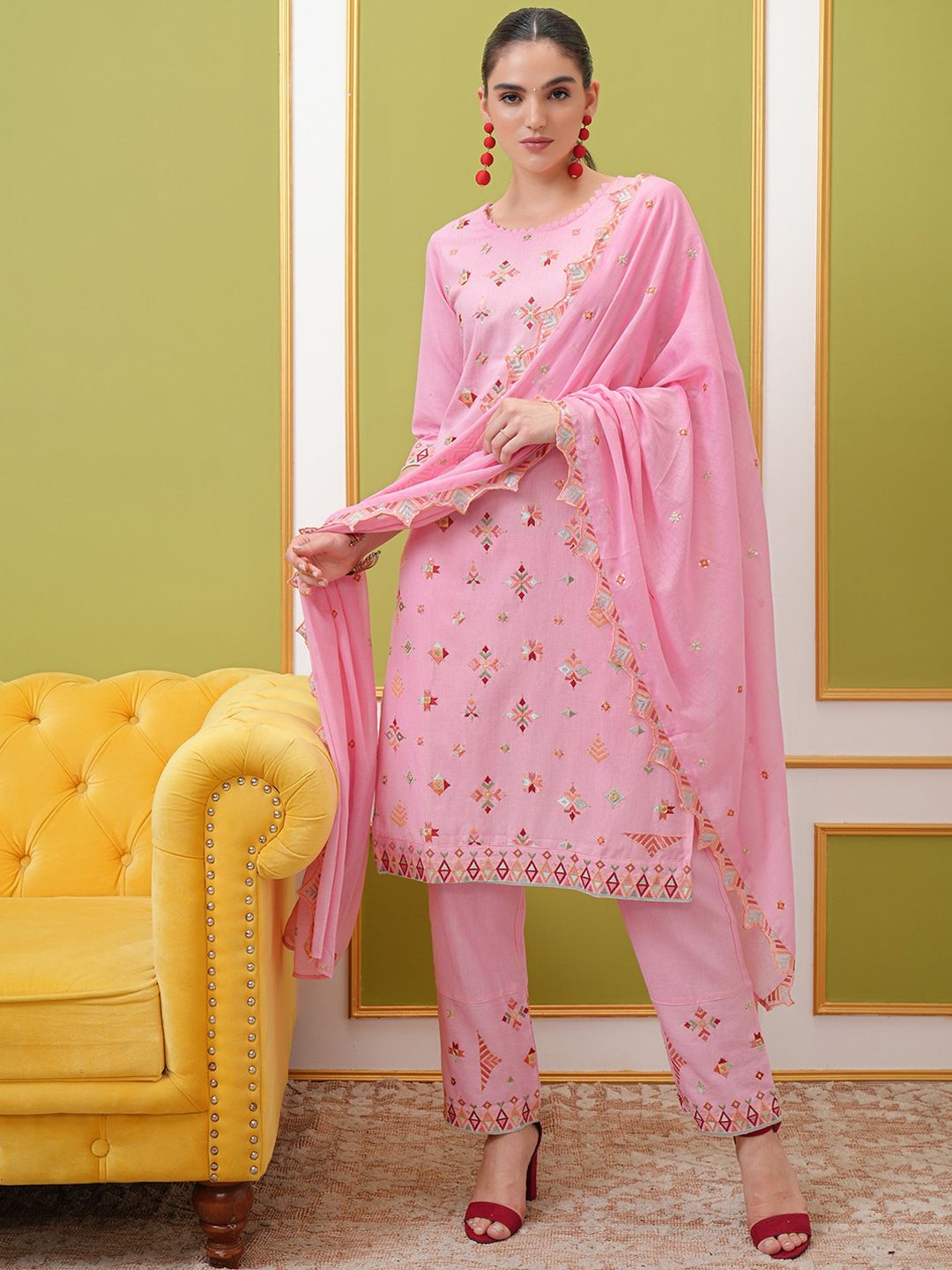 Vishudh Embroidered Regular Thread Work Pure Cotton Kurta with Trousers & With Dupatta
