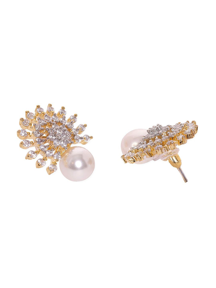 Rubans 22K Gold-Plated Cubic Zirconia and Pearl Studded Necklace Set with Sunburst Design