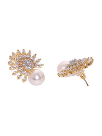 Rubans 22K Gold-Plated Cubic Zirconia and Pearl Studded Necklace Set with Sunburst Design