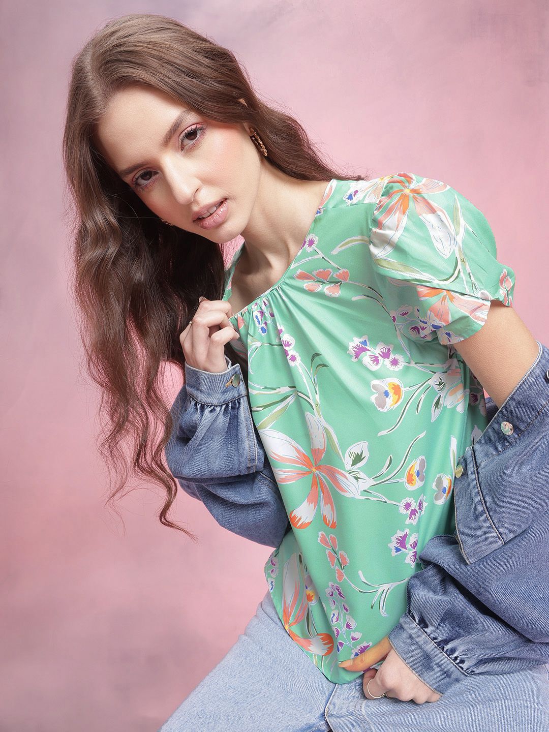 DressBerry Floral Print Puff Sleeves Top