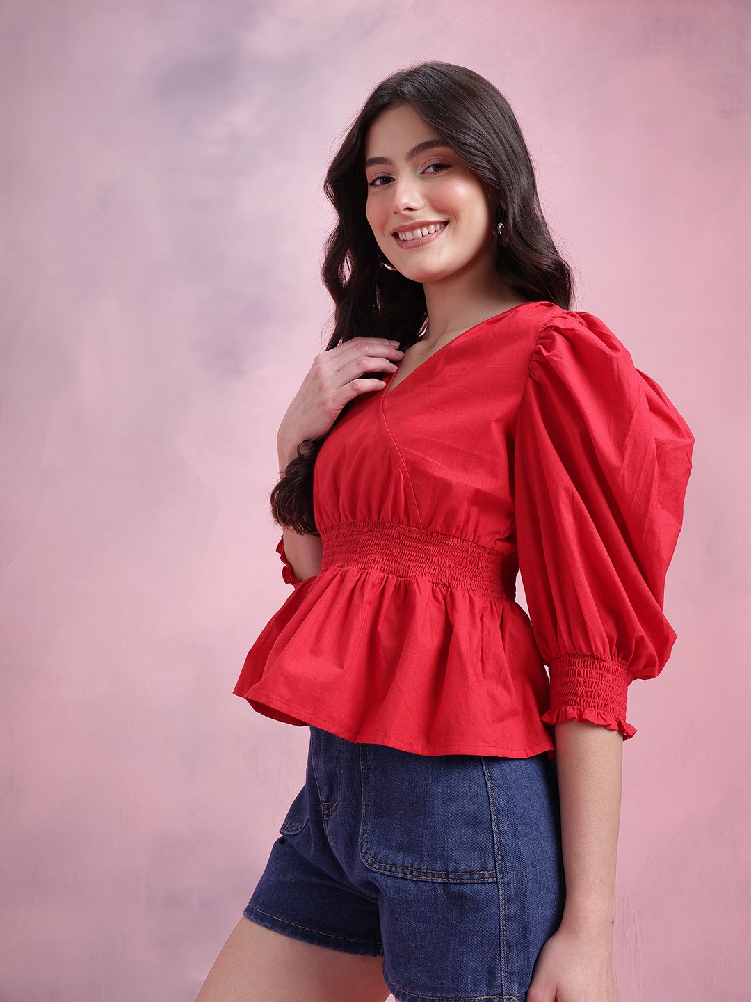 DressBerry Smocked Pure Cotton Peplum Top