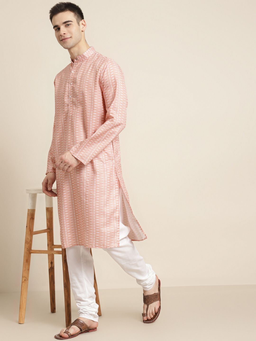 SOJANYA Men Peach-Coloured & White Pure Cotton Leheriya Printed Kurta