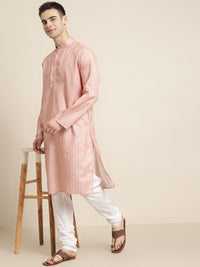 SOJANYA Men Peach-Coloured & White Pure Cotton Leheriya Printed Kurta
