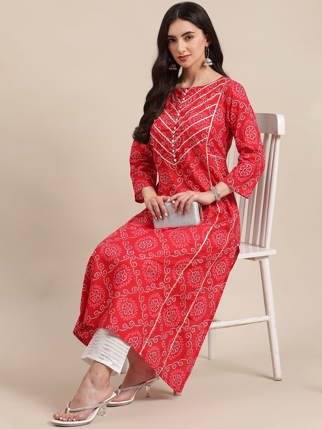 Varanga Women Red Geometric Printed Gotta Patti A-Line Cotton  Kurta