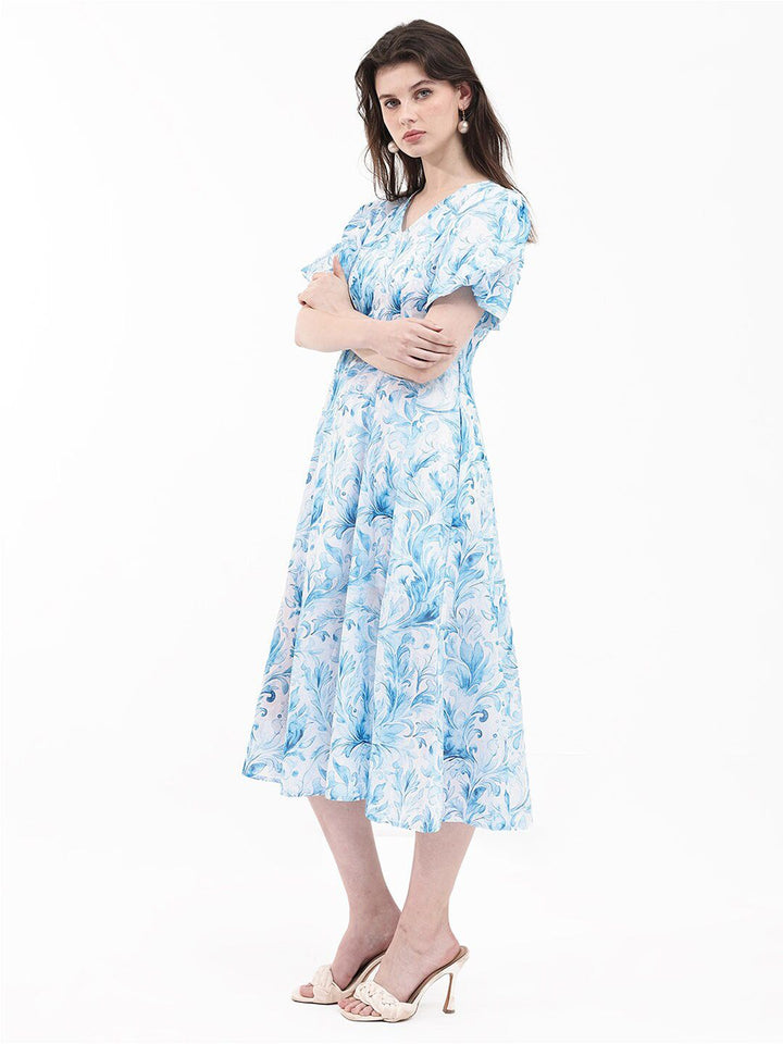 Rareism Cetakan bunga Flared Flared Sleeve Fit & Flare Midi Dress